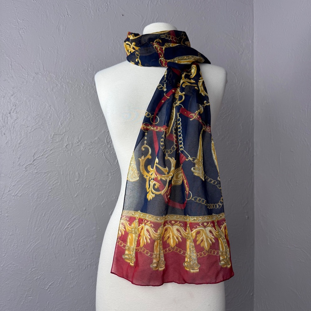 Vintage 90s Equestrian Red Blue Gold Rectangle Scarf Made in Italy Italian style